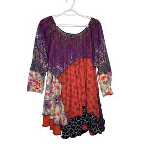Womens hand knit patchwork tunic top large lagenlook artsy boho art to‎ wear